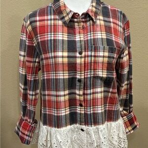 White Crow Red and Navy Blue Plaid Flannel Shirt with Unique Lace Detail